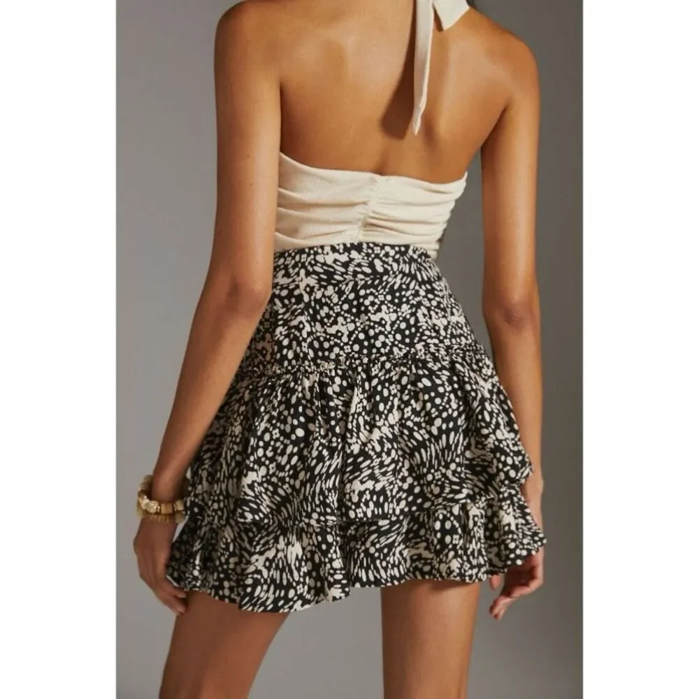 Anthropologie Maeve Tiered Linen Mini Skirt in Dot Print - Size 6